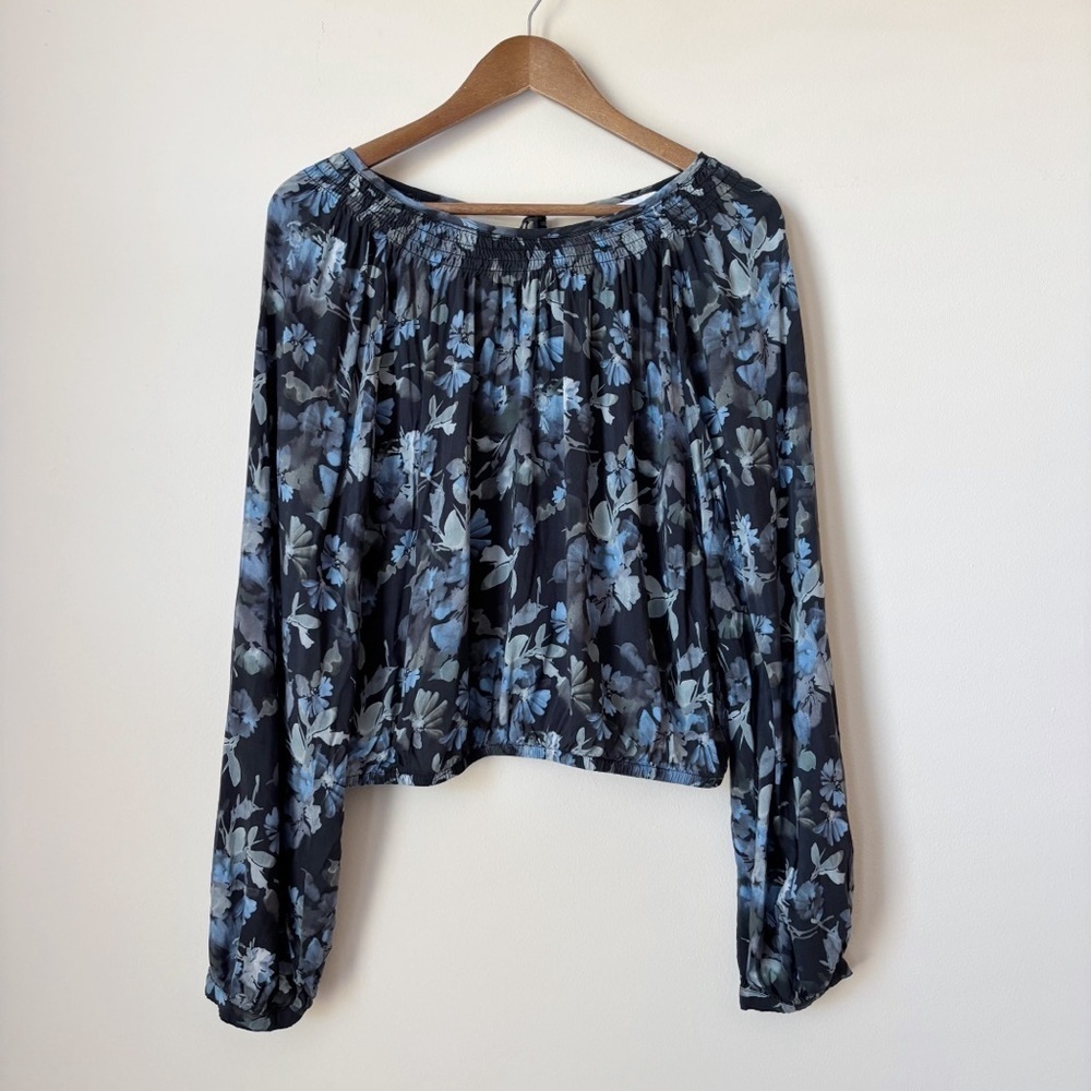 Bella Dahl Shirred Blue Floral Long Sleeve Blouse Medium